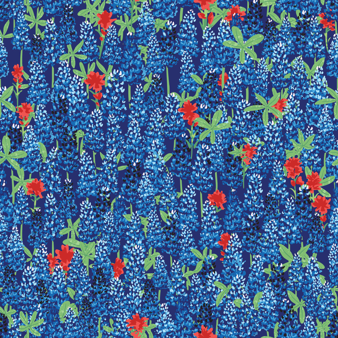 bluebonnets with red flowers on a blue background.
