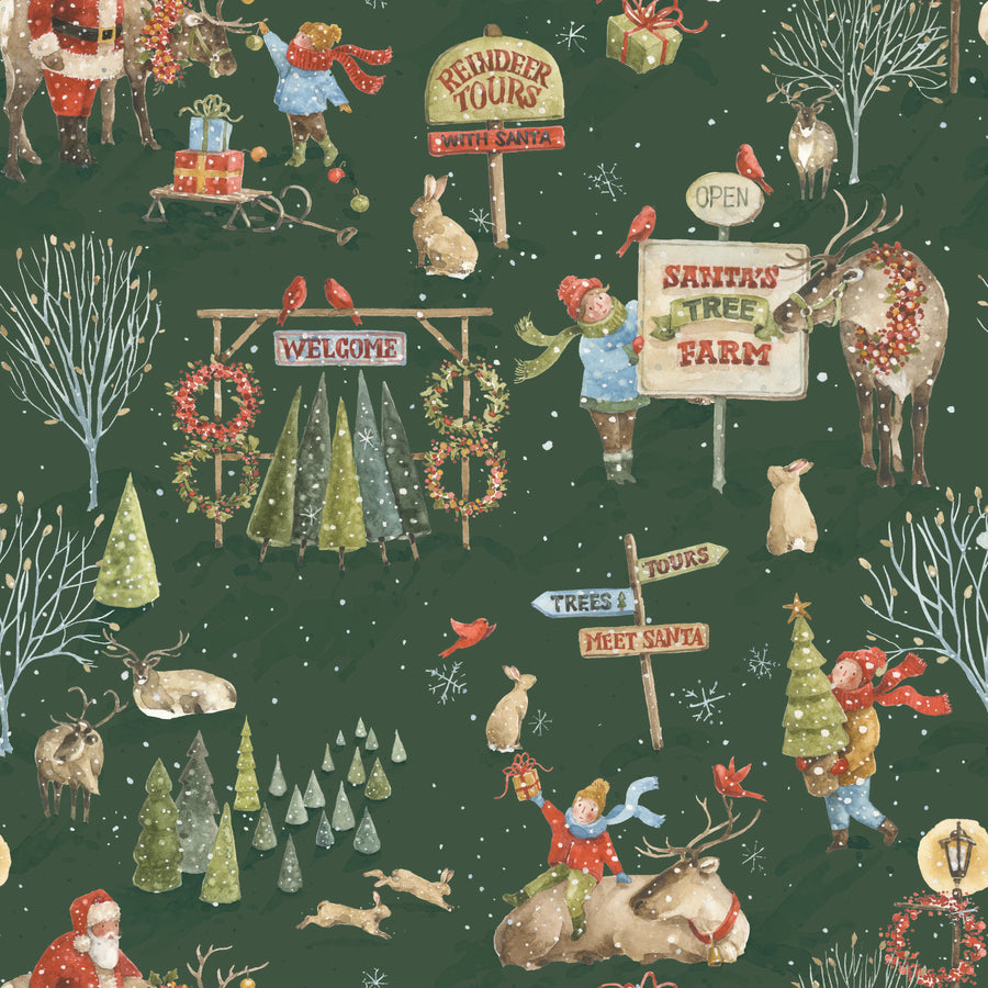 christmas surgical scrub hat fabric pattern with Santa, reindeer, and Christmas trees on a green background.