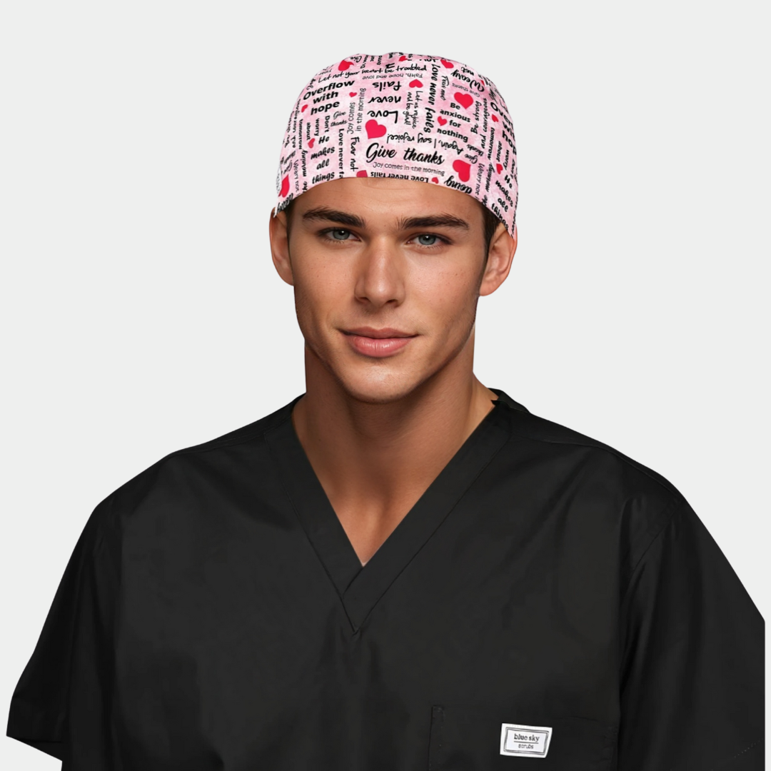 man wearing a black scrub top and a mens breast cancer awareness hat that is pink with words and hearts on it