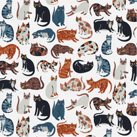 scrub cap fabric with various cats all over it on a white background