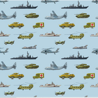 Pattern of military vehicles and ships on a light blue background