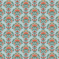 A repeating floral damask pattern with coral-orange flowers, green leaves, and small yellow accents on a pale blue background.
