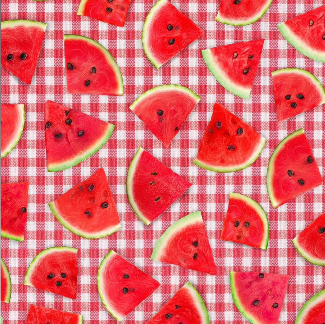 Pattern of watermelon slices on a red and white checkered background