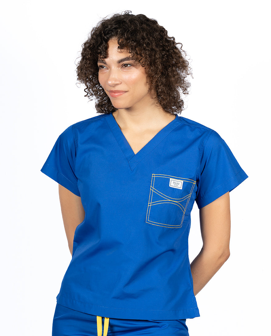 Limited Edition Shelby Scrub Tops - Royal With Yellow Stitching