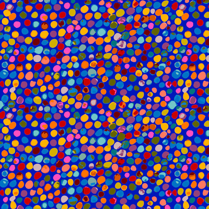 Multicolored polka dots on a blue background
