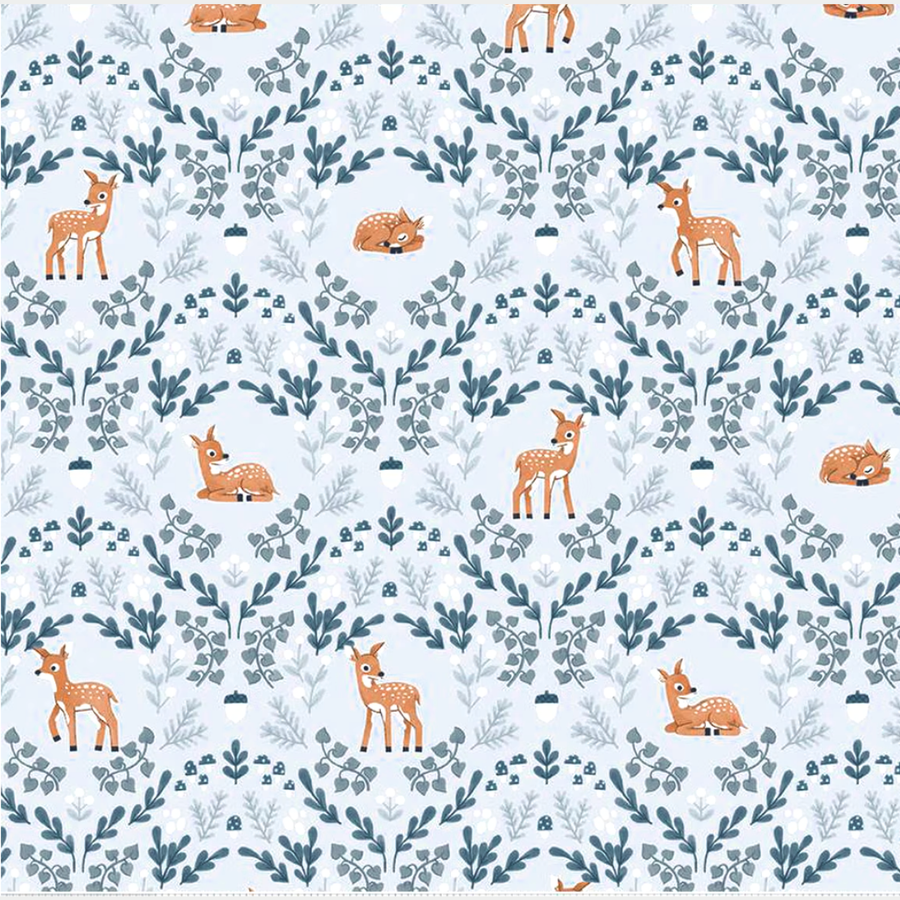 surgical scrub hat fabric that has deer on it with blue vines
