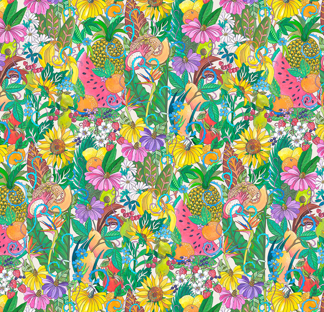 Colorful pattern of fruits, flowers, and animals on a multicolor background