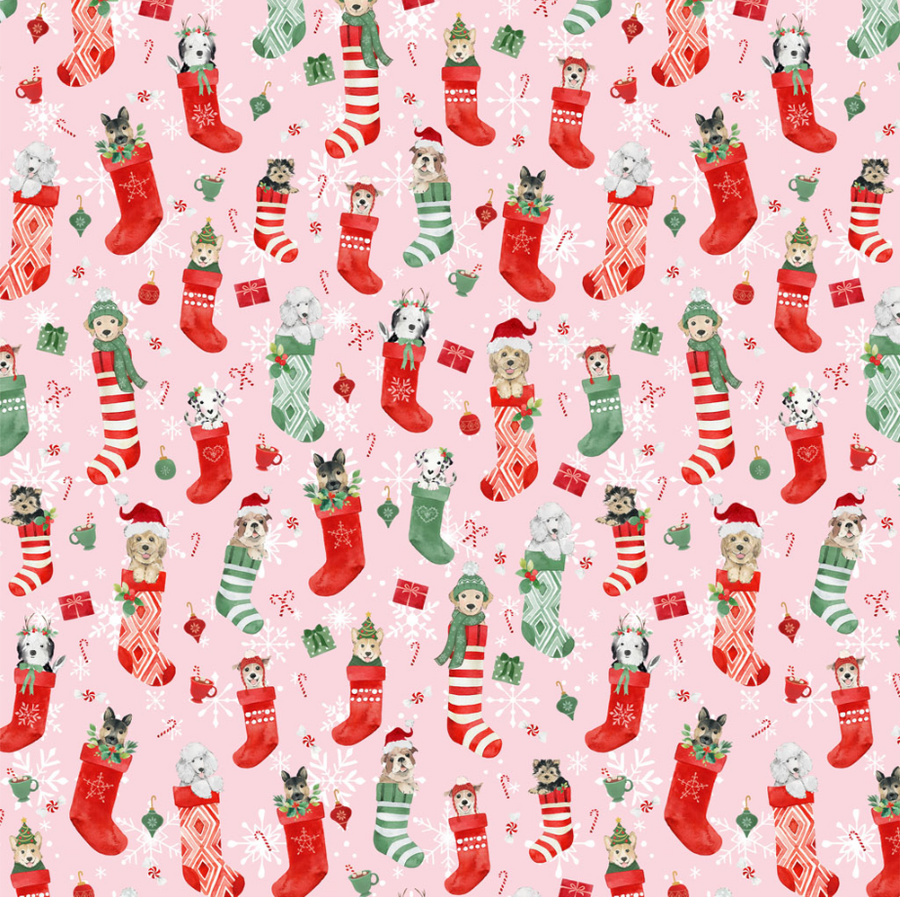 scrub cap fabric pattern of Christmas stockings with dogs on a pink background