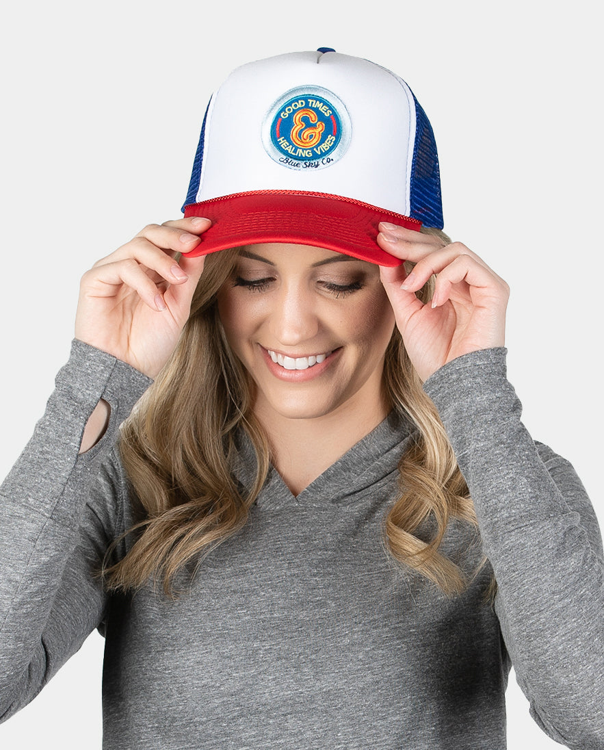 Good Times Trucker Hat - Multi with Blue Patch – Blue Sky Scrubs