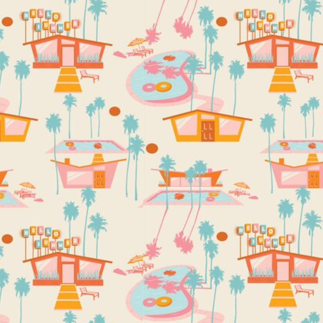 scrub hat fabric with a Colorful retro-style pattern with houses, palm trees, and donuts on a light background