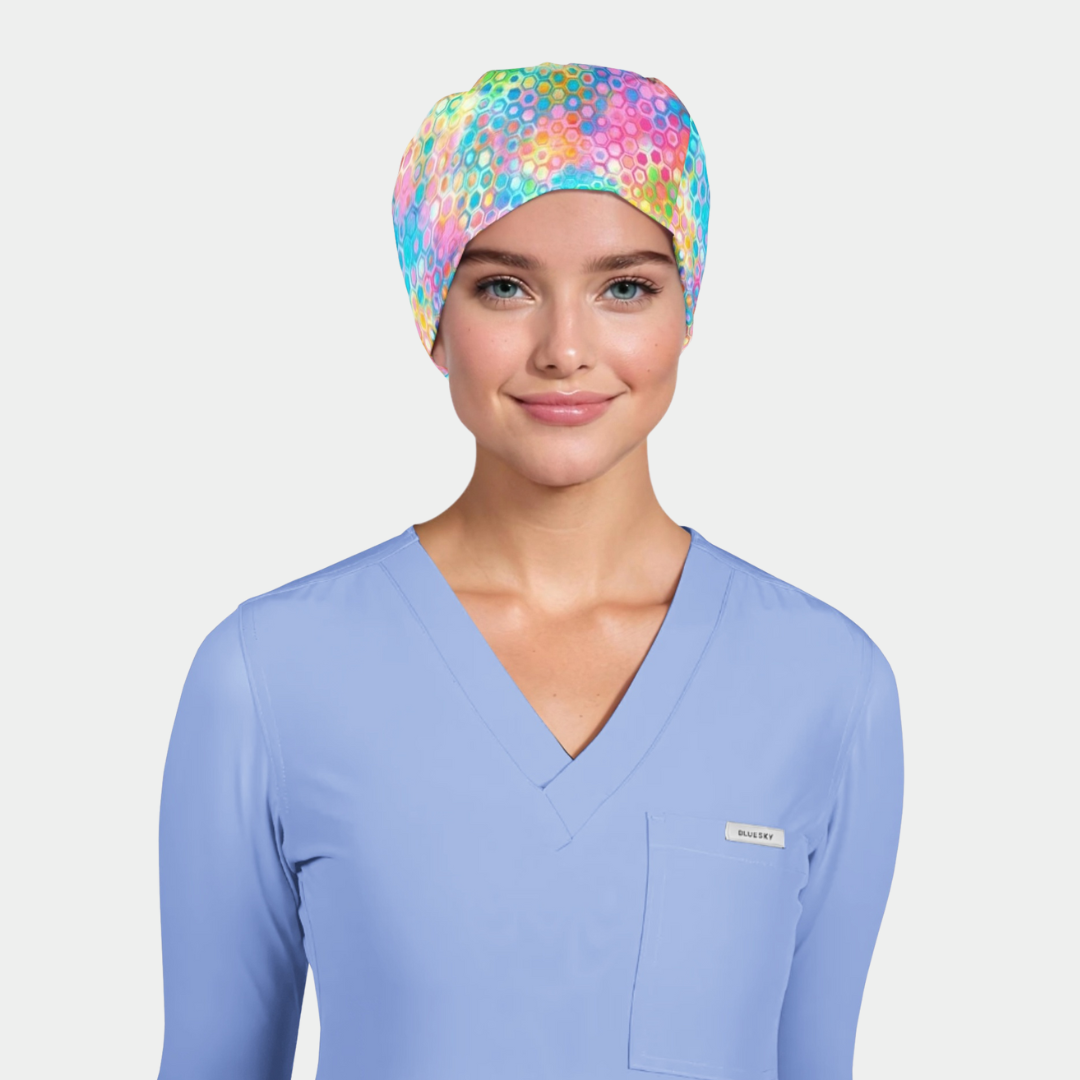 woman wearing a pastel colored scrub hat and a light blue scrub top on a white background