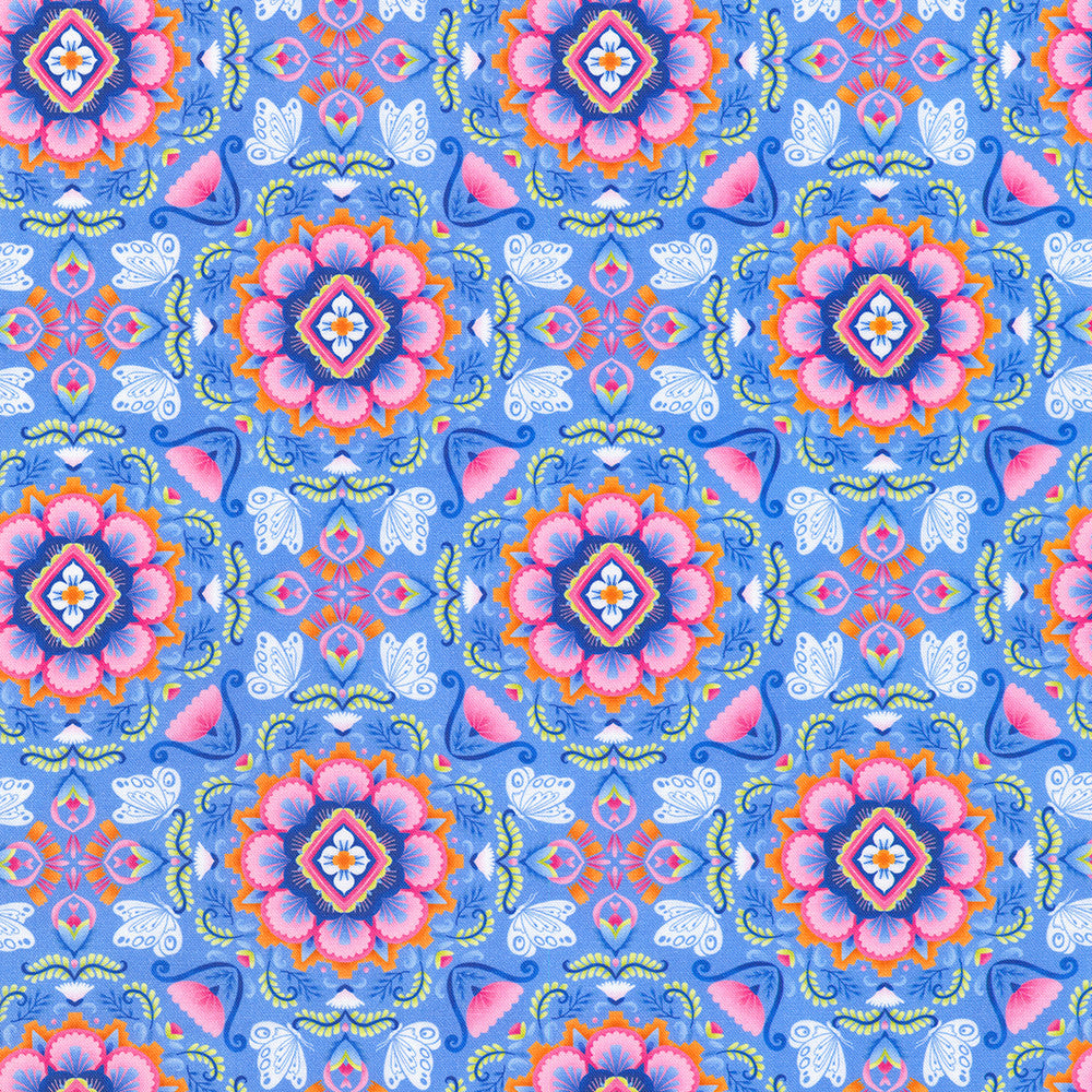 Colorful pattern with pink and blue flowers on a blue background