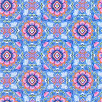 Colorful pattern with pink and blue flowers on a blue background