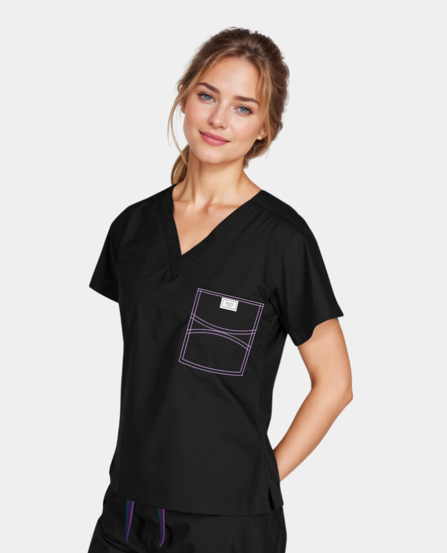 Limited Edition Shelby Scrub Top | Black with Lilac Stitching