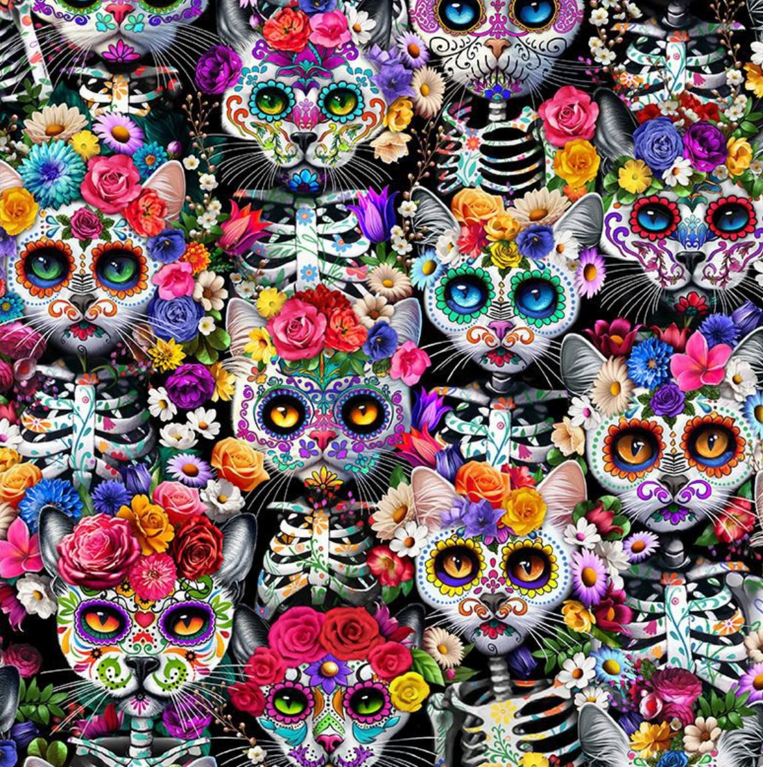 A seamless repeating pattern of colorful sugar skull cats with floral crowns and skeletal details on a black background.