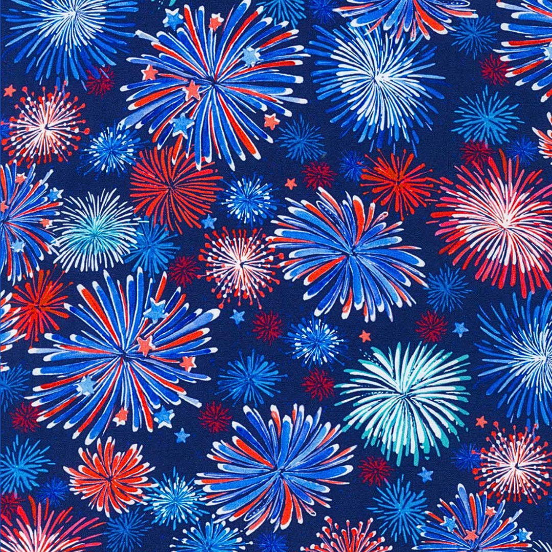 Pattern of red, blue, and white fireworks on a dark blue background