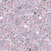 A dense, all-over floral pattern with small flowers and leaves in pink, orange, purple, gray, and white on a pale lavender background.