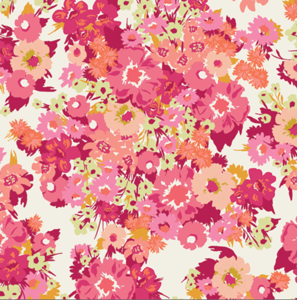 A dense retro floral pattern featuring stylized flowers in shades of pink, magenta, coral, peach, and light yellow-green on a warm off-white background.