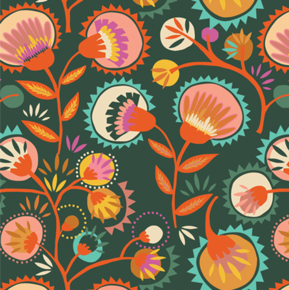 A repeating folk-art floral pattern on a dark green background, featuring stylized flowers and leaves in orange, pink, yellow, teal, cream, and purple.