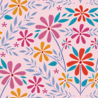 A repeating floral pattern featuring stylized daisy-like flowers in pink, orange, yellow, and teal with blue leaves on a pale pink background.