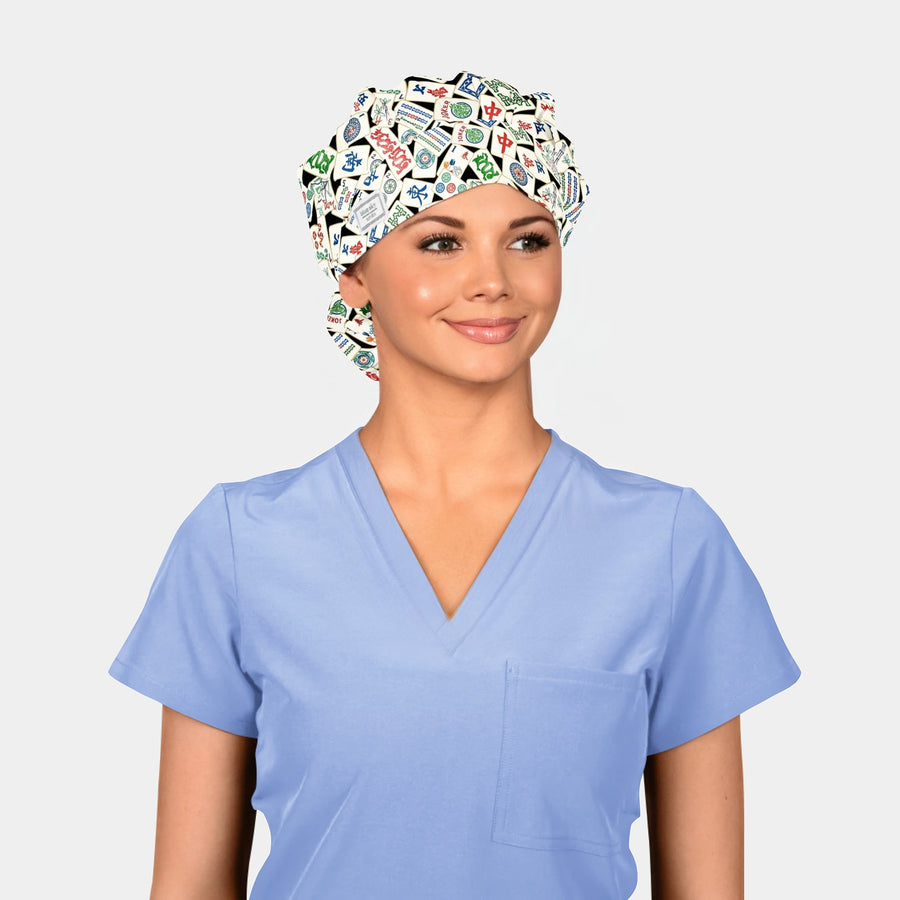 Mahjong Madness - Poppy Bouffant Scrub Caps