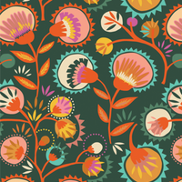 A repeating folk-art floral pattern on a dark green background, featuring stylized flowers and leaves in orange, pink, yellow, teal, cream, and purple.
