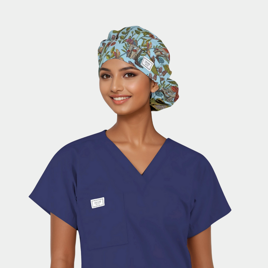 woman wearing a navy scrub top and a bouffant scrub that is light blue with flowers, plants and butterflies on it.