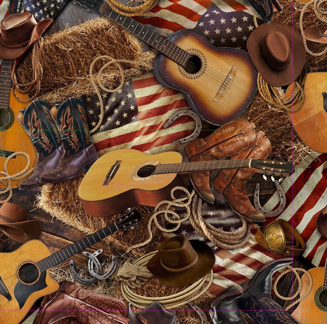 Collage of American flag, guitars, cowboy hats, boots, and lassos with a rustic theme.