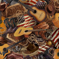 Collage of American flag, guitars, cowboy hats, boots, and lassos with a rustic theme.