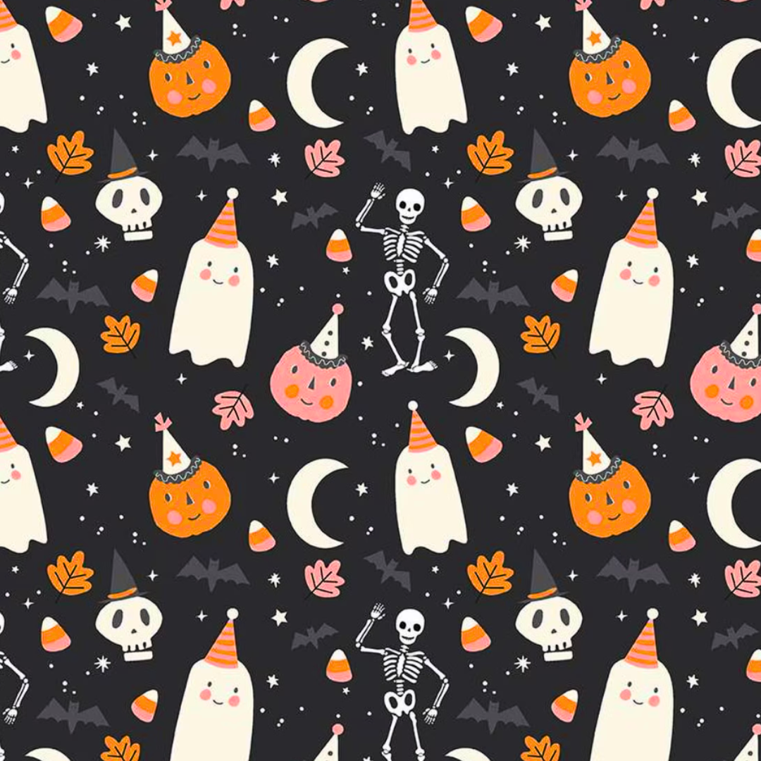 scrub hat fabric that is Halloween-themed pattern with ghosts, pumpkins, and skeletons on a dark background.