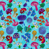 Colorful mushroom pattern on a blue background