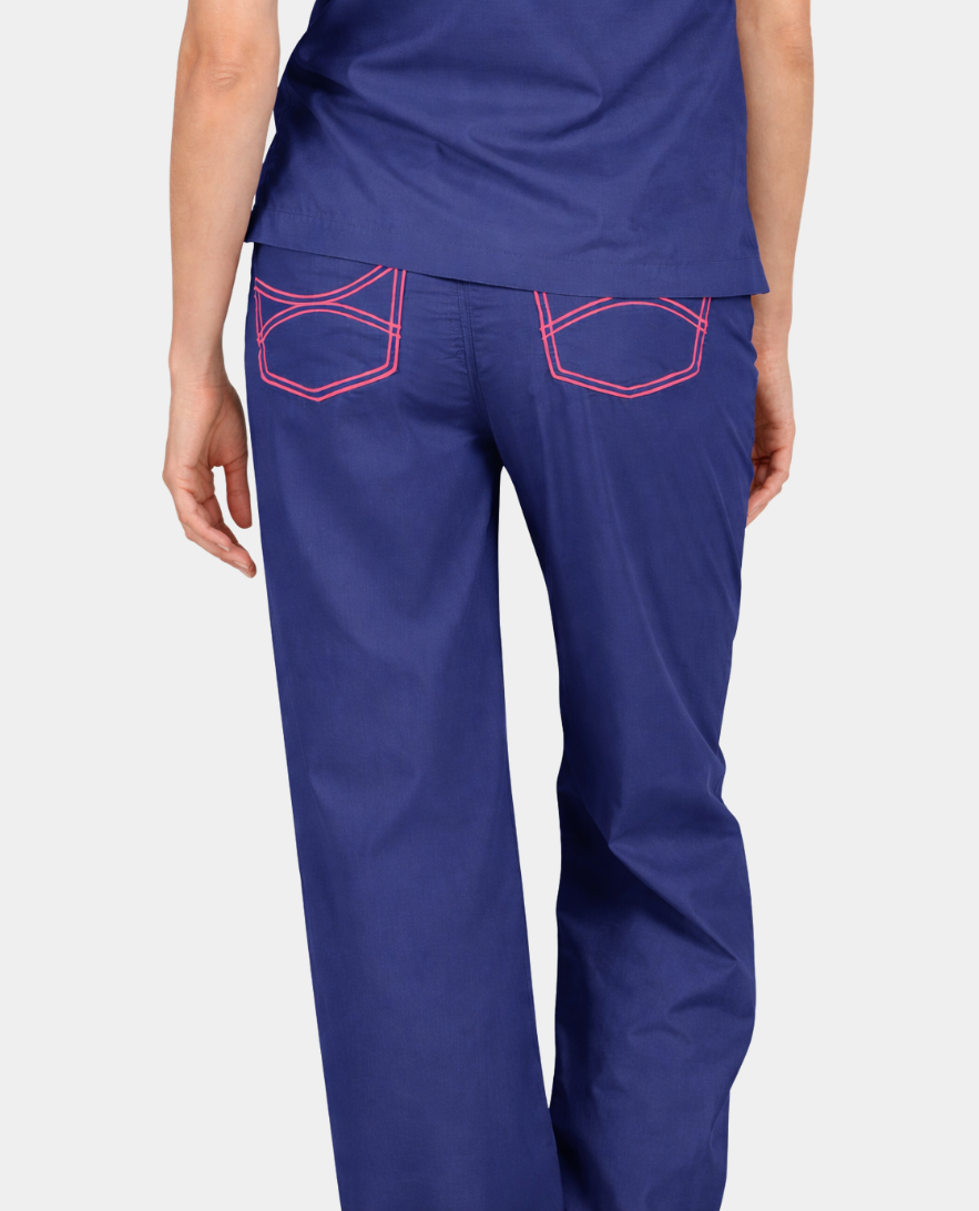 NEW!!  Limited Edition Scrub Pants for the Spring Season | Navy with Coral Stitching and Metallic Coral, White and Turquoise Tie