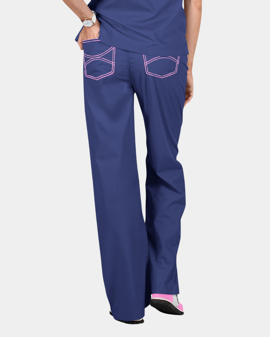 Limited Edition Scrub Pants for the Summer Season | Navy with Bright Pink Stitching and Metallic Pink and Neon Yellow Tie