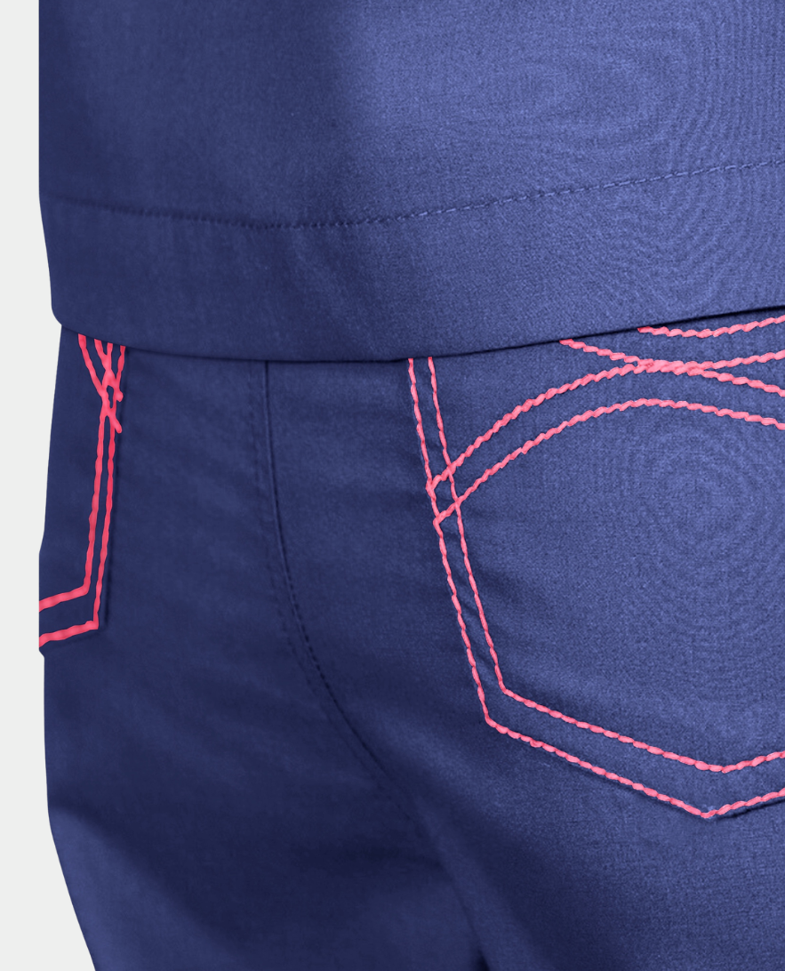 NEW!!  Limited Edition Scrub Pants for the Spring Season | Navy with Coral Stitching and Metallic Coral, White and Turquoise Tie