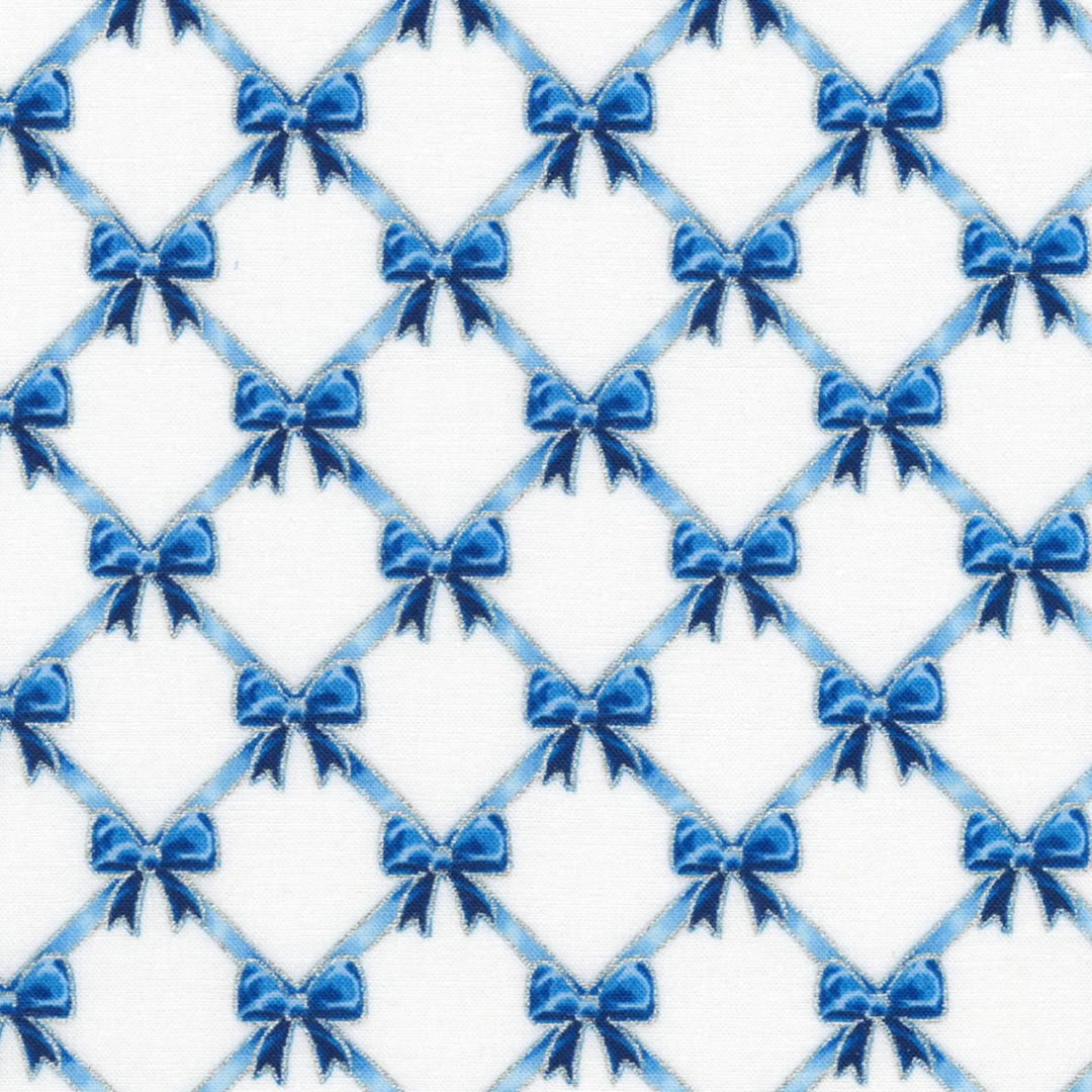 blue and white lattice pattern that has blue bows on a white background