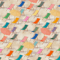 Pattern of colorful beach chairs and umbrellas on a beige background