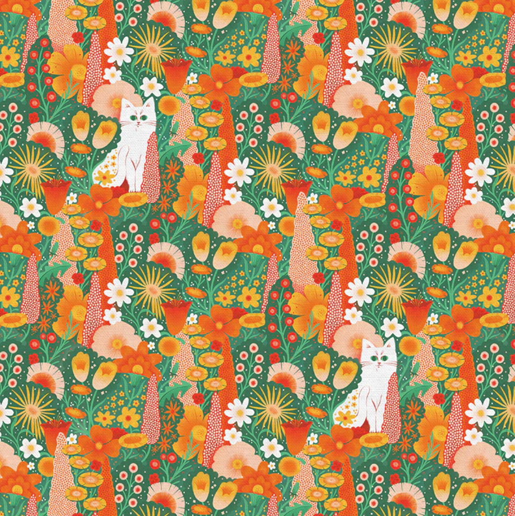 A repeating illustrated floral pattern with two white cats among orange flowers, yellow blossoms, green foliage, and red accents on a green background.