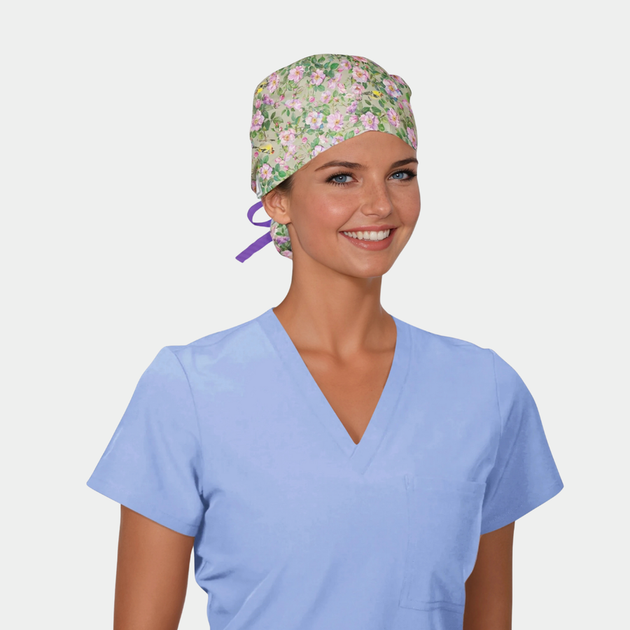 woman wearing a blue scrub top and a scrub hat that has green leaves, pink flowers and yellow birds on it