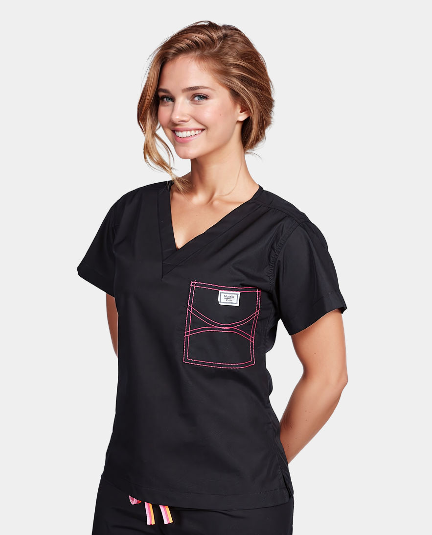 Limited Edition Shelby Scrub Tops - Black With Bright Pink Stitching