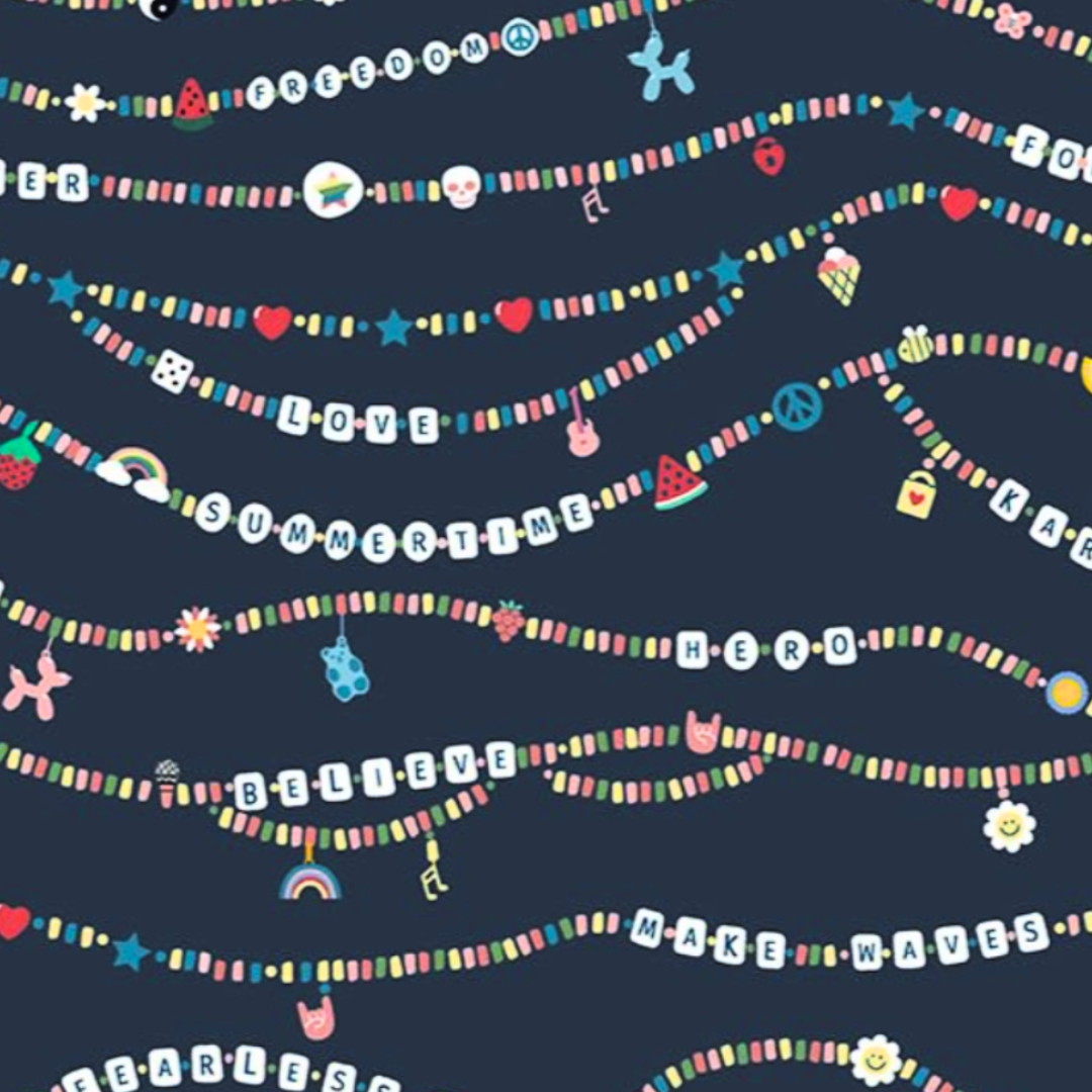 pattern of colorful friendship bracelets on a navy blue background