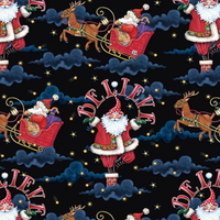 surgical hat christmas-themed fabric with Santa Claus, reindeer, and 'BELIEVE' text on a black background.