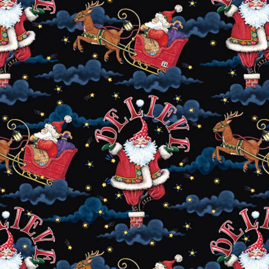 surgical hat christmas-themed fabric with Santa Claus, reindeer, and 'BELIEVE' text on a black background.