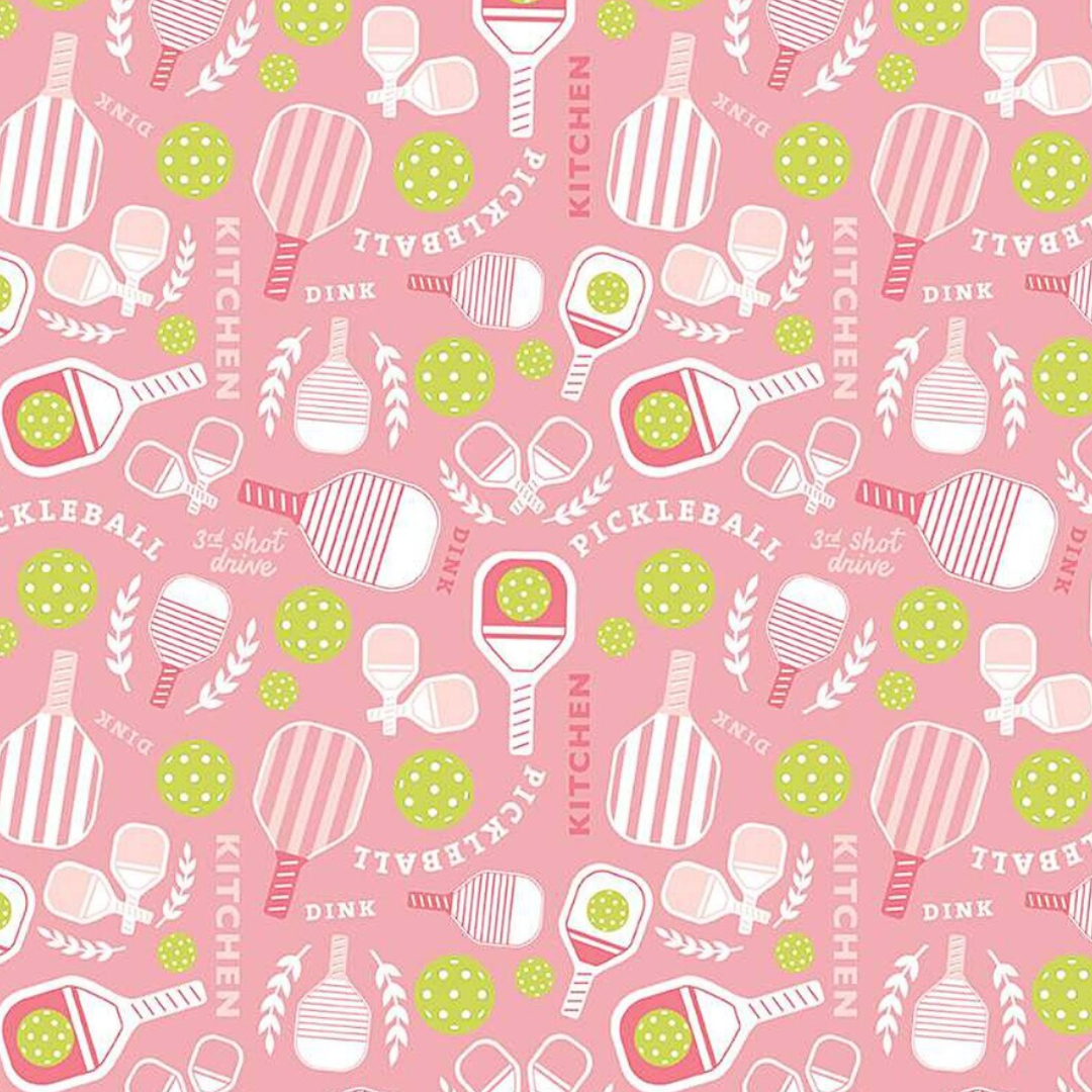 Pickleball-themed pattern on a pink background with paddles, balls, and text.
