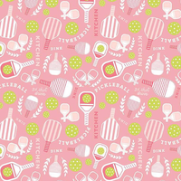 Pickleball-themed pattern on a pink background with paddles, balls, and text.