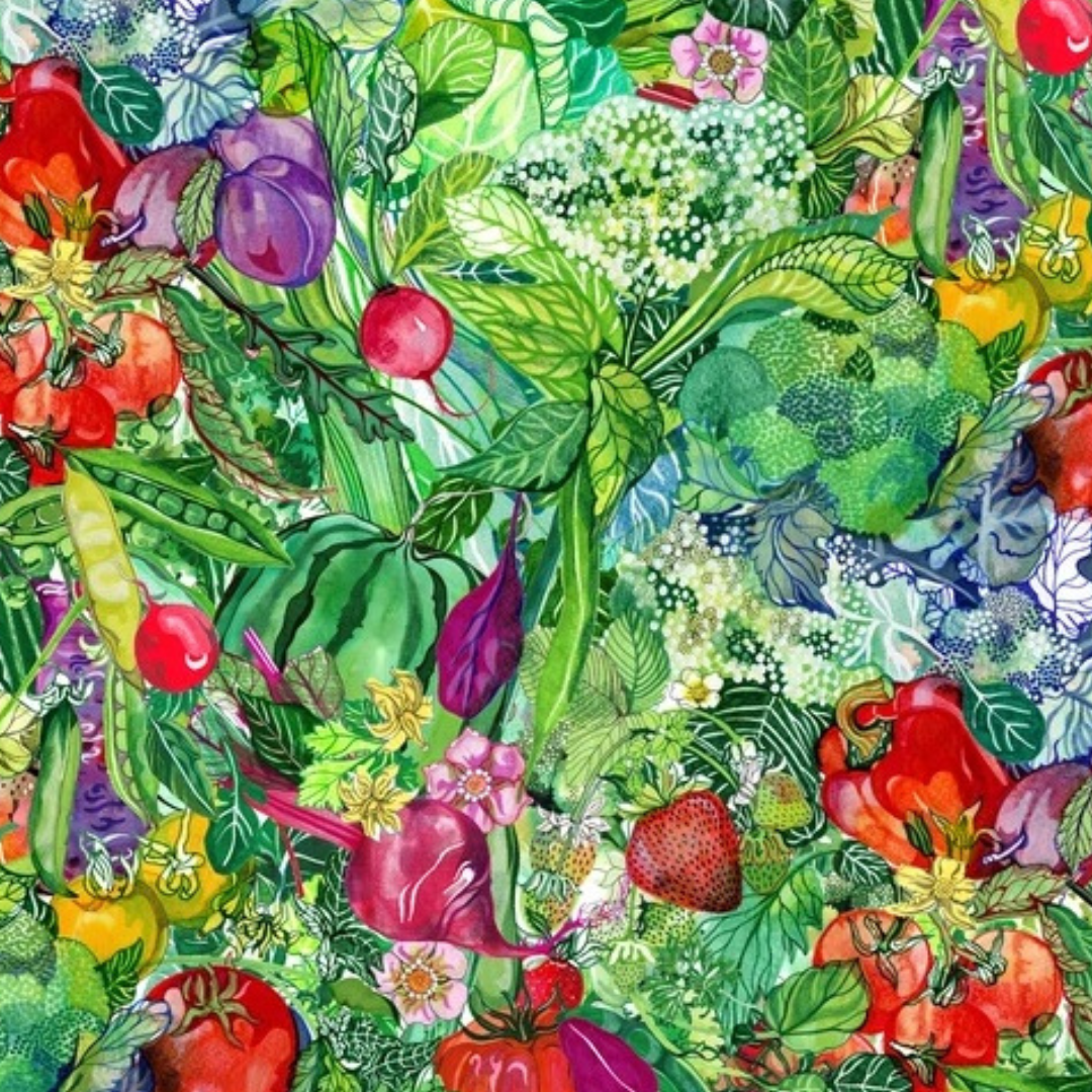 Colorful pattern of vegetables and plants on a green background
