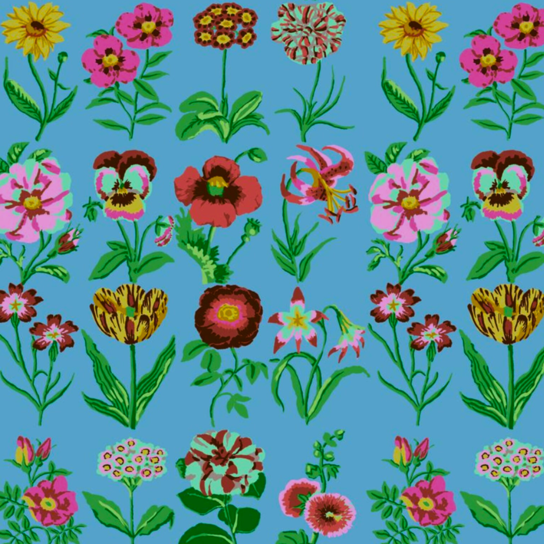 Pattern of colorful flowers on a blue background