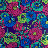 Colorful floral pattern with hummingbirds on a dark purple background