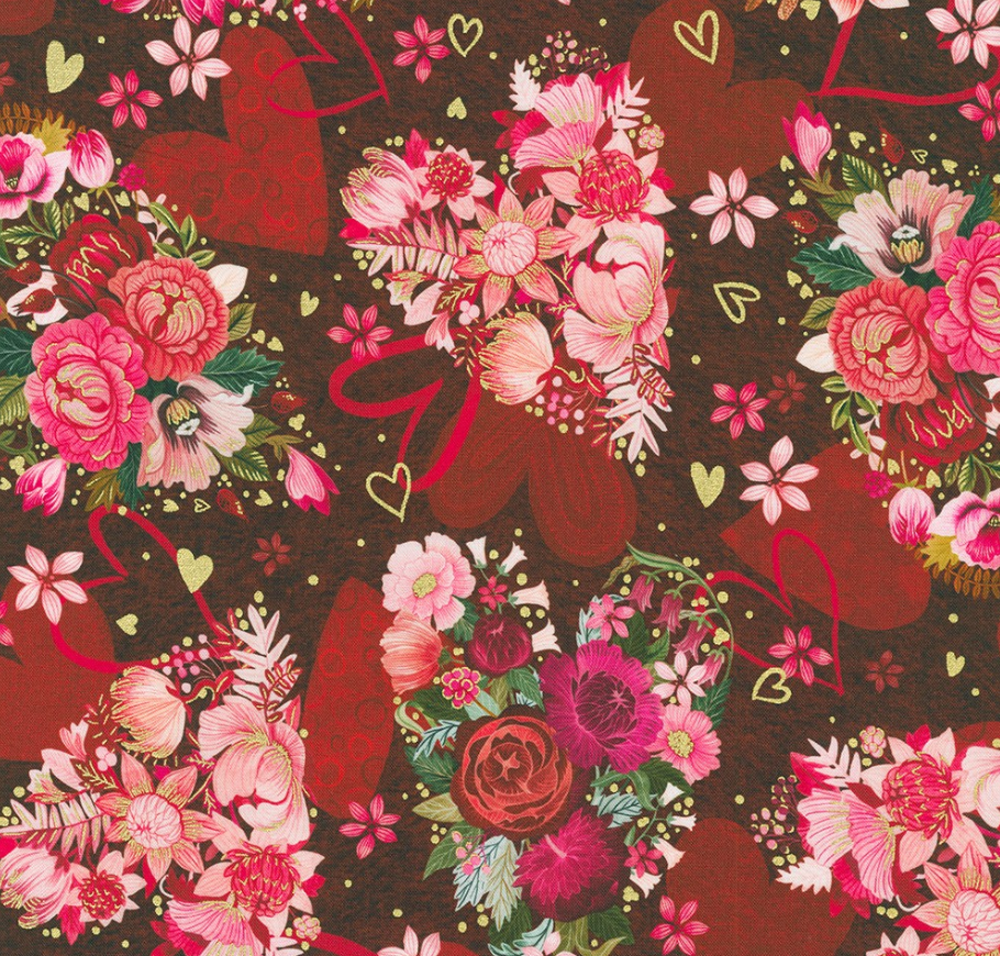 Floral and heart pattern on a brown background