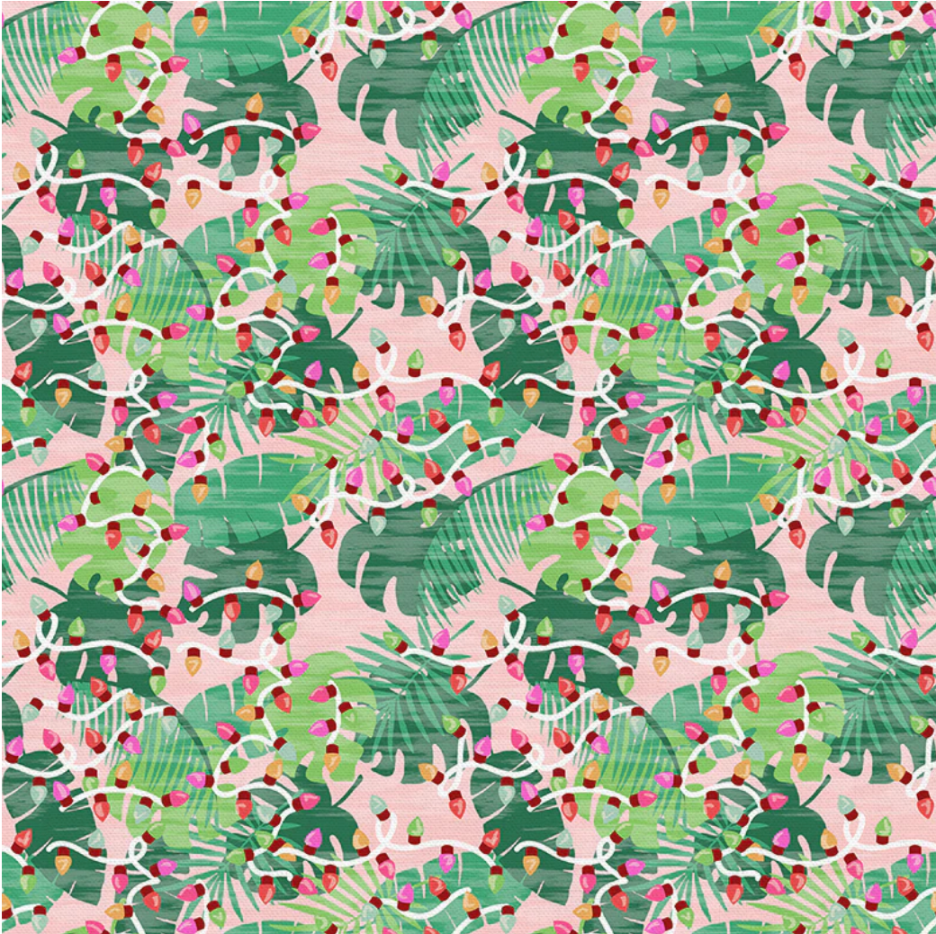 christmas surgical cap pattern that is pink with green palm leaves and christmas lights