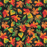 surgical scrub hat fabric with a pattern of red, orange and yellow autumn leaves on a black background